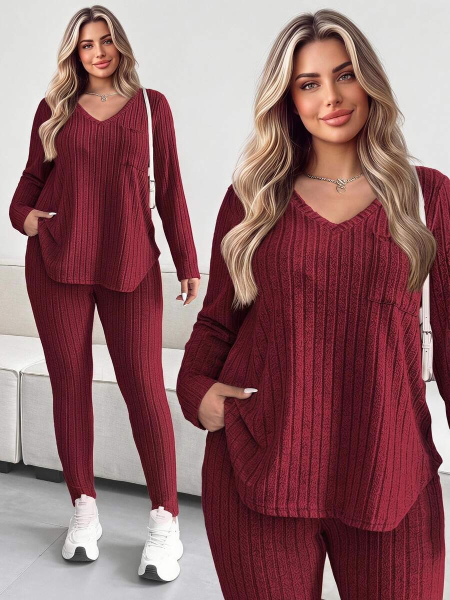 Vionelle Plus Size Casual Textured Striped V-Neck Top And Pants Set Fall - Burgundy - View 1