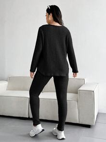 Vionelle Plus Size Casual Solid Color Textured V-Neck Top And Pants Set Fall Cloth For Women - Black - View 2