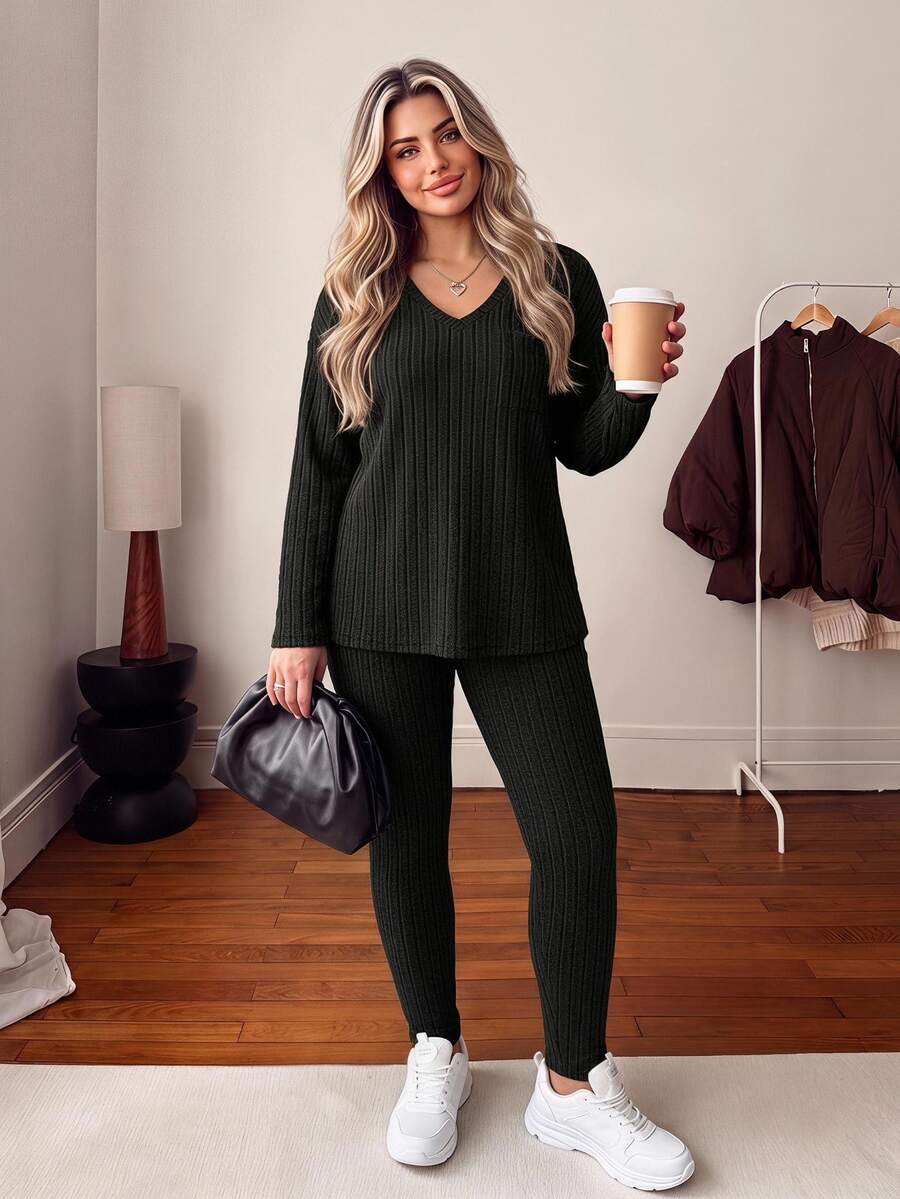Vionelle Plus Size Casual Solid Color Textured V-Neck Top And Pants Set Fall Cloth For Women - Black - View 1