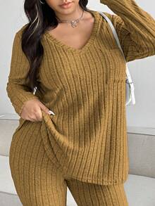 Vionelle Plus Size Women Textured Striped V-Neck Long Sleeve Top And Pants Set, Casual Fall Cloth For Women - Brown - View 8