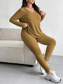 Vionelle Plus Size Women Textured Striped V-Neck Long Sleeve Top And Pants Set, Casual Fall Cloth For Women - Brown - View 7