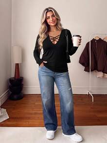 Vionelle Plus Crisscross Front Ring Detail Tee Fall Cloth For Women - Black - View 1