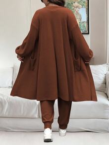 Vionelle Conjunto de 2 piezas de mono acanalado de unicolor y chaqueta, de talla grande, para uso casual de otoño/invierno - Óxido marrón - Ver 2