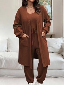 Vionelle Conjunto de 2 piezas de mono acanalado de unicolor y chaqueta, de talla grande, para uso casual de otoño/invierno - Óxido marrón - Ver 6
