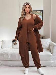 Vionelle Conjunto de 2 piezas de mono acanalado de unicolor y chaqueta, de talla grande, para uso casual de otoño/invierno - Óxido marrón - Ver 1