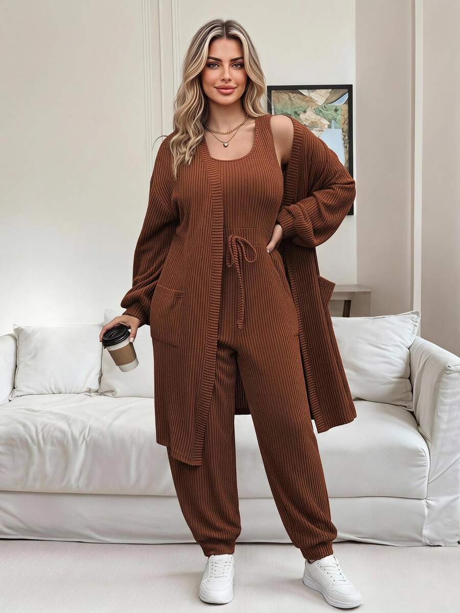 Vionelle Conjunto de 2 piezas de mono acanalado de unicolor y chaqueta, de talla grande, para uso casual de otoño/invierno - Óxido marrón - Ver 1