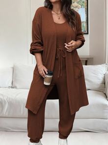 Vionelle Conjunto de 2 piezas de mono acanalado de unicolor y chaqueta, de talla grande, para uso casual de otoño/invierno - Óxido marrón - Ver 3