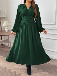 Vionelle Plus Size V-Neck Lantern Sleeve High Side Split Dress, For Christmas Maxi Women Outfit Fall - Dark Green - View 4
