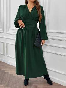 Vionelle Plus Size V-Neck Lantern Sleeve High Side Split Dress, For Christmas Maxi Women Outfit Fall - Dark Green - View 3