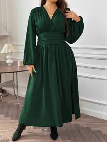 Vionelle Plus Size V-Neck Lantern Sleeve High Side Split Dress, For Christmas Maxi Women Outfit Fall - Dark Green - View 6