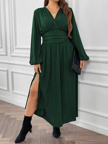 Vionelle Plus Size V-Neck Lantern Sleeve High Side Split Dress, For Christmas Maxi Women Outfit Fall - Dark Green - View 5