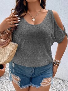 Vionelle Plus Size Round Neck Drawstring Ruffle  Simple T-Shirt, Casual Daily Wear - Grey - View 5