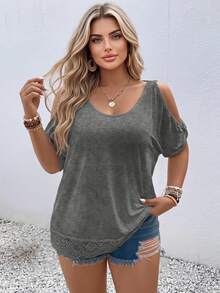 Vionelle Plus Size Round Neck Drawstring Ruffle  Simple T-Shirt, Casual Daily Wear - Grey - View 1