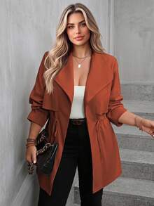 Vionelle Plus Size Solid Color Long Sleeve Tie Front Casual Lightweight Jacket, Daily Wear Fall Winter Cloth For Women Autumn - Rust Brown - View 1