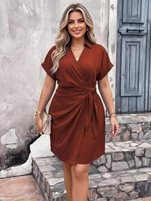 Vionelle Plus Size Casual Solid Color Batwing Sleeve Wrap Dress, Summer - Rust Brown - View 1