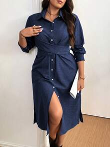 Vionelle 大码纯色前扣长袖休闲迷你连衣裙长款女装 - 藏蓝色 - 查看 3