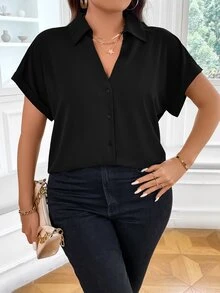 Vionelle Plus Batwing Sleeve Button Front Shirt - Black - View 4