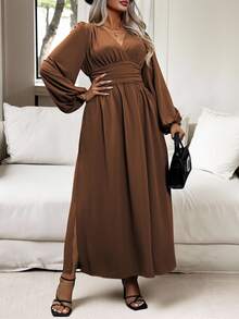 Vionelle Plus Size Women Spring & Summer Solid V-Neck Ruched Waist Lantern Sleeve Side Split Hem Elegant Dress Maxi Women Outfit Fall - Chocolate Brown - View 4