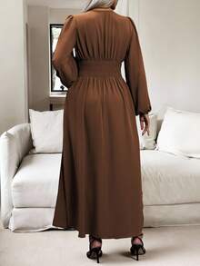 Vionelle Plus Size Women Spring & Summer Solid V-Neck Ruched Waist Lantern Sleeve Side Split Hem Elegant Dress Maxi Women Outfit Fall - Chocolate Brown - View 2