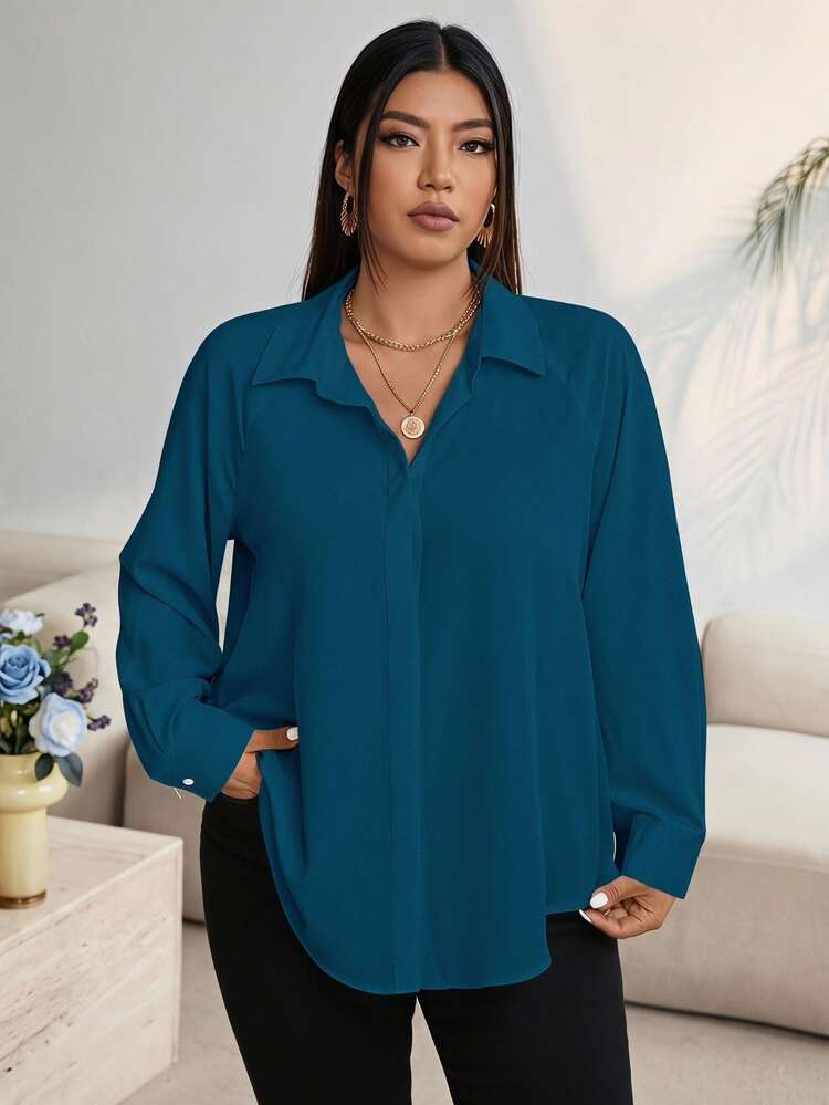 Vionelle Plus Size Casual Simple Solid Color Asymmetric Hem Shirt, Autumn Fall Cloth For Women - Teal Blue - View 1