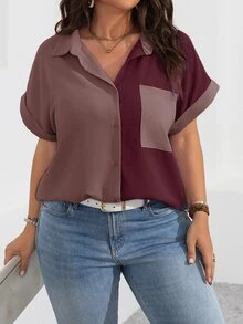 Vionelle 大码女式拼色简约日常短袖衬衫，适合夏季 - 中紫紅色 - 查看 5