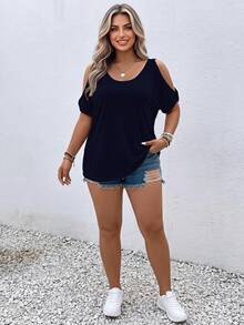 Vionelle Plus Size Solid Color Off Shoulder Casual T-Shirt - Navy Blue - View 1