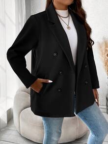 Vionelle Plus Size Solid Color Double Breasted Classic Overcoat, Winter Fall Cloth For Women Autumn - Black - View 5