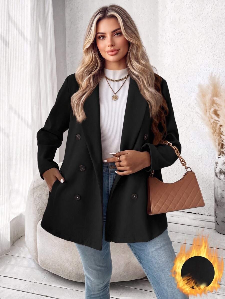 Vionelle Plus Size Solid Color Double Breasted Classic Overcoat, Winter Fall Cloth For Women Autumn - Black - View 1