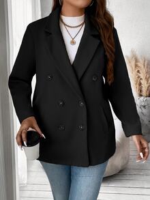 Vionelle Plus Size Solid Color Double Breasted Classic Overcoat, Winter Fall Cloth For Women Autumn - Black - View 3
