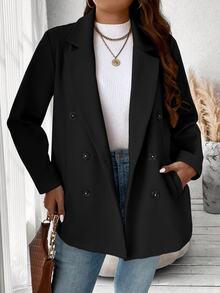 Vionelle Plus Size Solid Color Double Breasted Classic Overcoat, Winter Fall Cloth For Women Autumn - Black - View 4