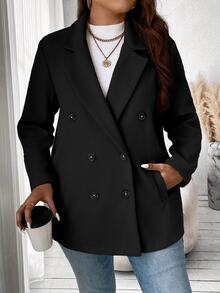 Vionelle Plus Size Solid Color Double Breasted Classic Overcoat, Winter Fall Cloth For Women Autumn - Black - View 6