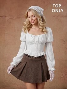 SHEIN MOD Elegant White Summer Tea Party Blouse,Sweetheart Neck Ruched Bust Frill Trim Lotus Knot Puff Flare Long Sleeve Tops,Victorian Pirate Rococo Shirt - White - View 7