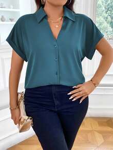 Vionelle Camisa casual de manga corta con botones delanteros de unicolor para tallas grandes - Agua verde azul - Ver 7