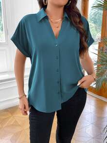 Vionelle Camisa casual de manga corta con botones delanteros de unicolor para tallas grandes - Agua verde azul - Ver 4