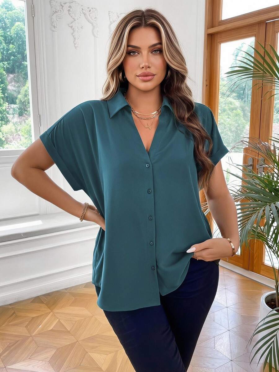 Vionelle Camisa casual de manga corta con botones delanteros de unicolor para tallas grandes - Agua verde azul - Ver 1