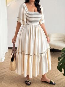 Vionelle Vestido de verano talla grande con cuello cuadrado, estilo boho gótico sexy cottage core, para playa, vacaciones y té de la tarde, blanco con bordado en contraste y bajo con volantes - Albaricoque - Ver 5