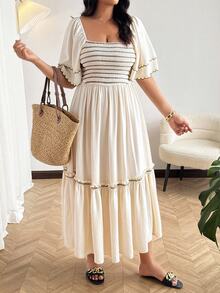 Vionelle Vestido de verano talla grande con cuello cuadrado, estilo boho gótico sexy cottage core, para playa, vacaciones y té de la tarde, blanco con bordado en contraste y bajo con volantes - Albaricoque - Ver 6