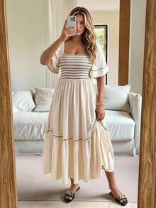 Vionelle Vestido de verano talla grande con cuello cuadrado, estilo boho gótico sexy cottage core, para playa, vacaciones y té de la tarde, blanco con bordado en contraste y bajo con volantes - Albaricoque - Ver 1