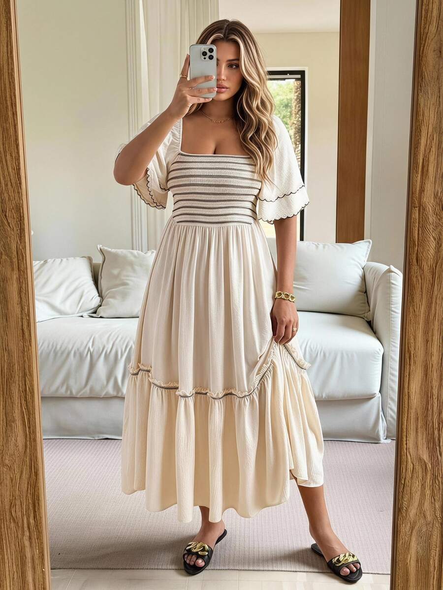 Vionelle Vestido de verano talla grande con cuello cuadrado, estilo boho gótico sexy cottage core, para playa, vacaciones y té de la tarde, blanco con bordado en contraste y bajo con volantes - Albaricoque - Ver 1