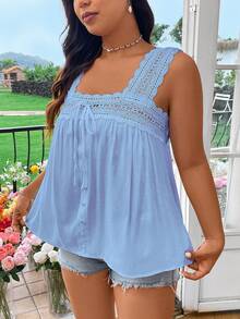 Vionelle Plus Size Vacation Casual Solid Color Lace Trim Sleeveless Blouse - Blue - View 4