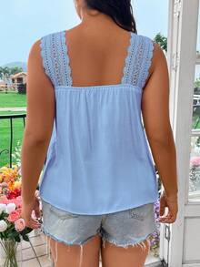 Vionelle Plus Size Vacation Casual Solid Color Lace Trim Sleeveless Blouse - Blue - View 2