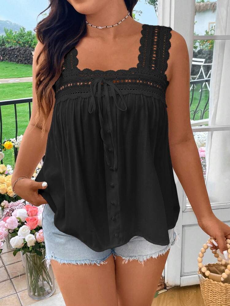 Vionelle Camisa sin mangas de talla grande con cuello cuadrado y ribete de encaje, unicolor, de verano - Negro - Añade 6