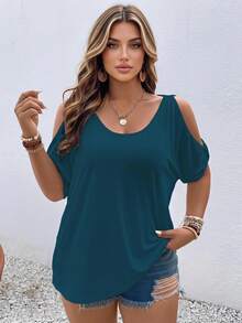 Vionelle Plus Size Women Summer Solid Color Open Shoulder Short Sleeve Casual Soft Form T-Shirt Formal Vacation Teal - Blue - View 1
