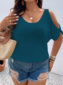 Vionelle Plus Size Women Summer Solid Color Open Shoulder Short Sleeve Casual Soft Form T-Shirt Formal Vacation Teal - Blue - View 3
