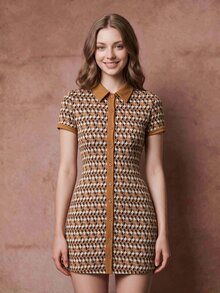 SHEIN MOD Allover Print Center Front Button Up Placket Lapel Dress - Brown - View 5