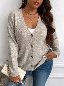 Vionelle Plus Size V-Neck Mixed Knit Cardigan, Spring Autumn, For Winter Fall Cloth For Women Lounge Office Orange Business Casual - Grey - View 4