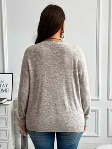Vionelle Plus Size V-Neck Mixed Knit Cardigan, Spring Autumn, For Winter Fall Cloth For Women Lounge Office Orange Business Casual - Grey - View 3