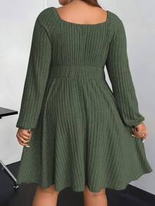 Vionelle Plus Knot Front Lantern Sleeve Ribbed Knit Dress Fall Cloth For Women - Army Green - View 2