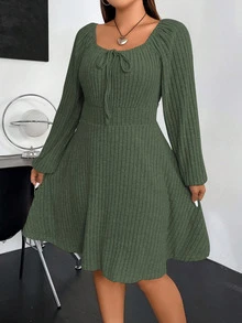 Vionelle Plus Knot Front Lantern Sleeve Ribbed Knit Dress Fall Cloth For Women - Army Green - View 7