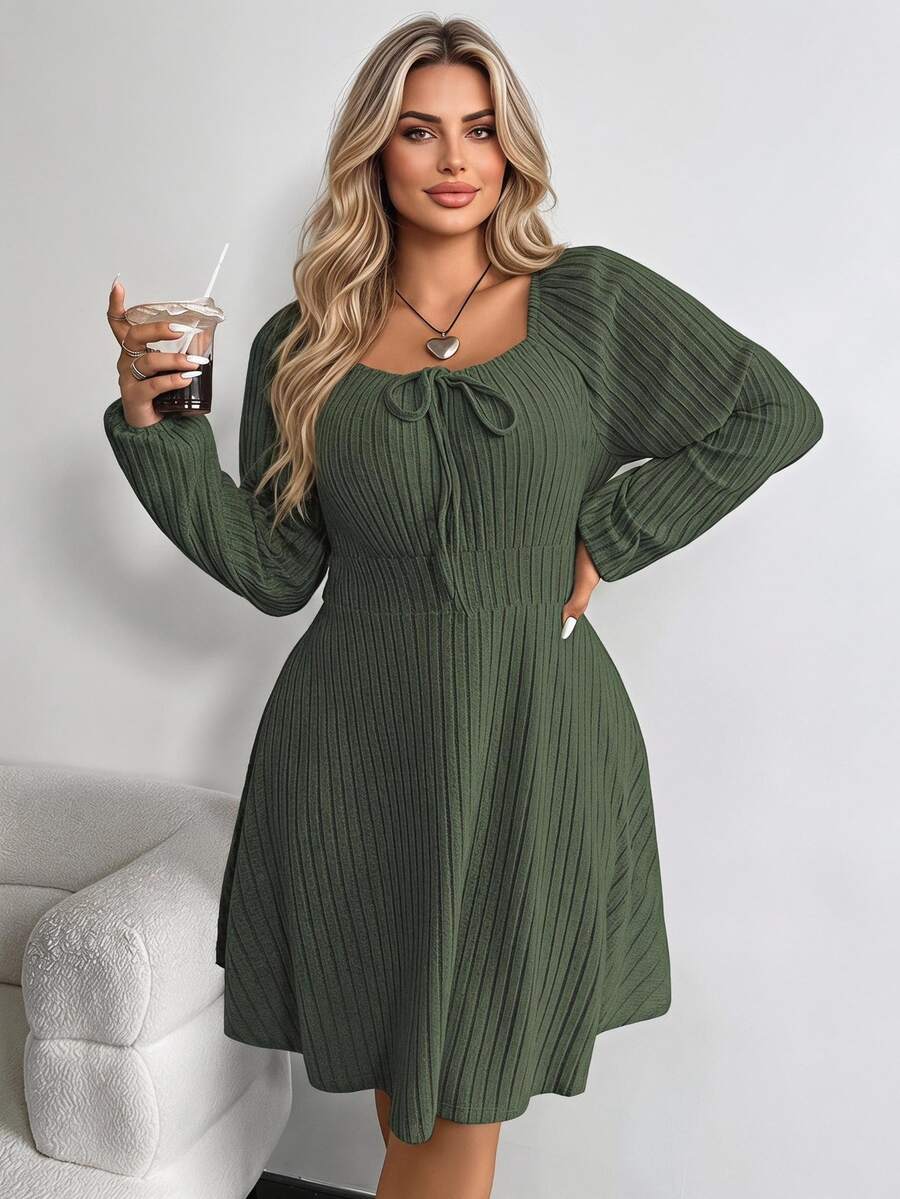 Vionelle Plus Knot Front Lantern Sleeve Ribbed Knit Dress Fall Cloth For Women - Army Green - View 1